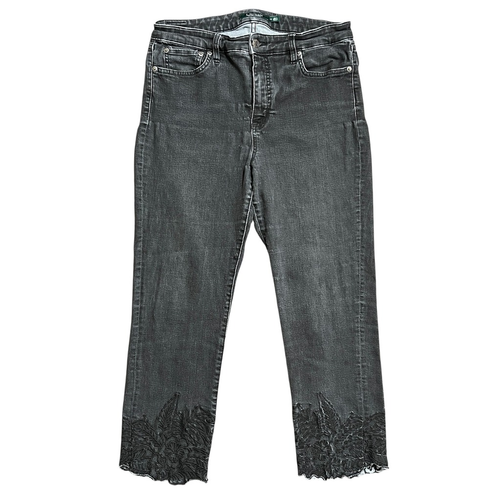 Lauren Ralph Lauren Black Embroidered Cropped Jeans Size 12 Straight Leg Denim